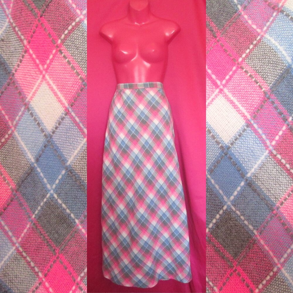 1970s vintage pink plaid maxi skirt size medium